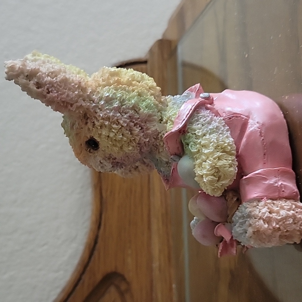 Hand Painted Bunny Figurine Pink Overalls Basket Pastel Eggs Approx 5.5" - Picture 8 of 11